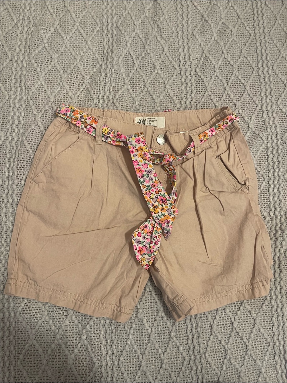 H&M Pink-Beige Cotton Shorts with Floral Tie Belt